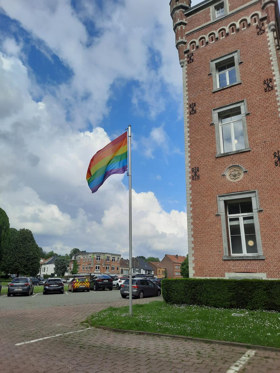 Regenboogvlag aan kasteel