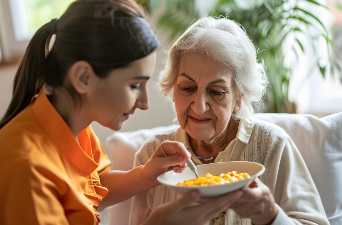 jongedame helpt oudere dame bij eten